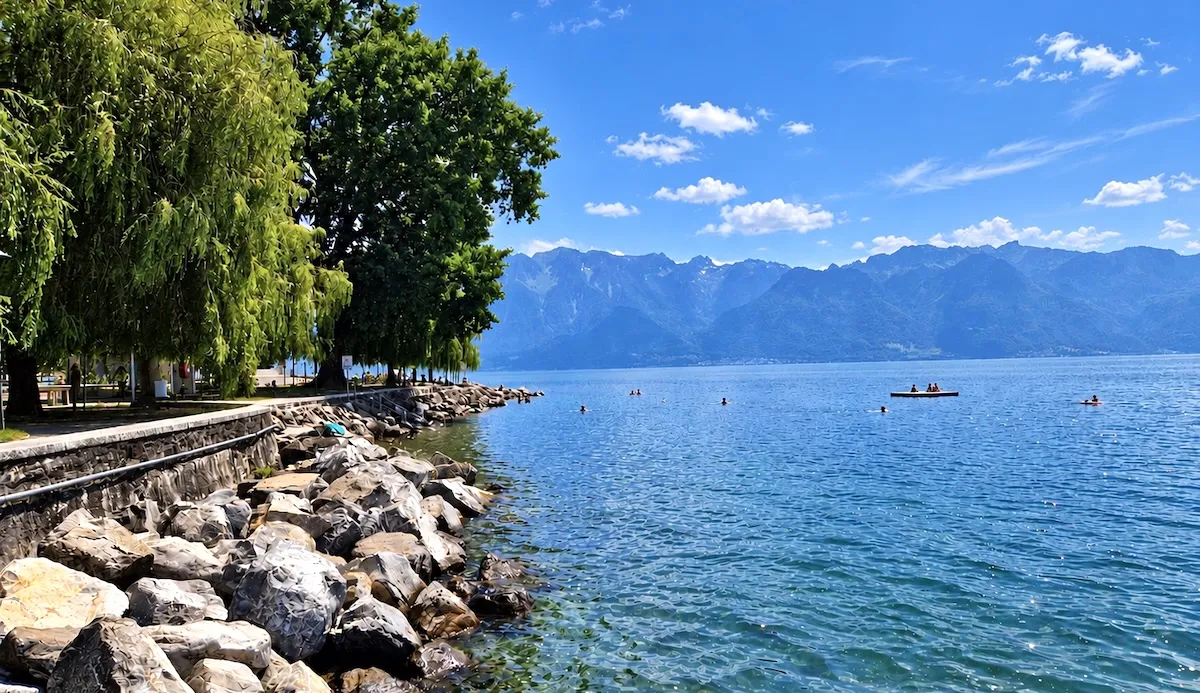 Baigneurs et radeau devant la plage du Parc de l'Arabie à Vevey, rive de rochers et saules, Alpes en face